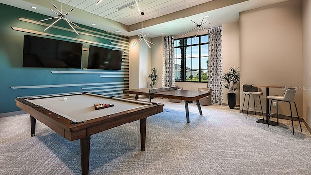 recreation room featuring a raised ceiling, carpet floors, and pool table