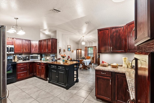 kitchen with a notable chandelier, vaulted ceiling, light stone counters, hanging light fixtures, and range with electric stovetop