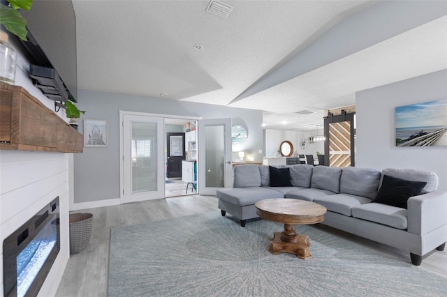 living room with light hardwood / wood-style flooring, a textured ceiling, a healthy amount of sunlight, and a barn door