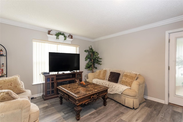 living room featuring crown molding, a textured ceiling, and hardwood / wood-style flooring