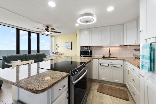 kitchen with white cabinetry, stainless steel appliances, sink, ceiling fan, and decorative backsplash