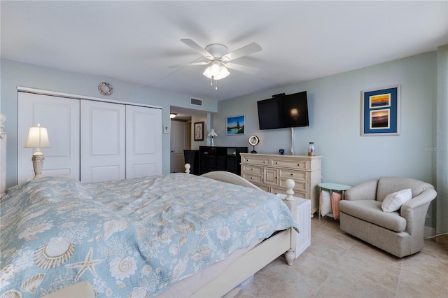 bedroom with ceiling fan and a closet