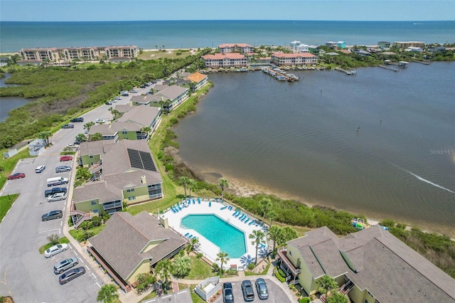 bird's eye view with a water view