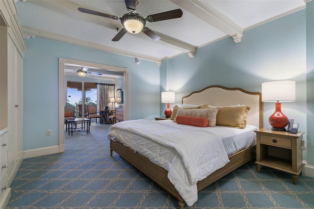 bedroom featuring ornamental molding, dark colored carpet, beam ceiling, and ceiling fan