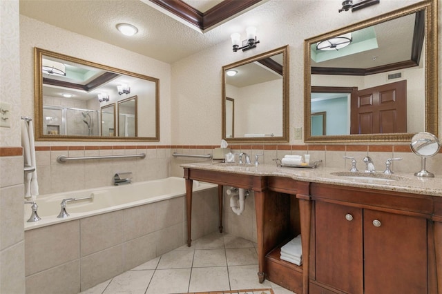 bathroom featuring a textured ceiling, independent shower and bath, and crown molding