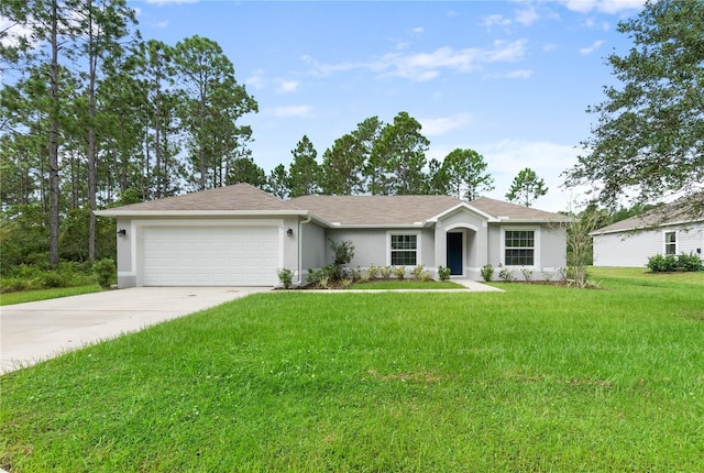 single story home featuring a garage and a front yard