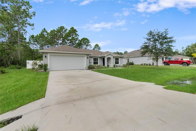 ranch-style house featuring a garage and a front yard