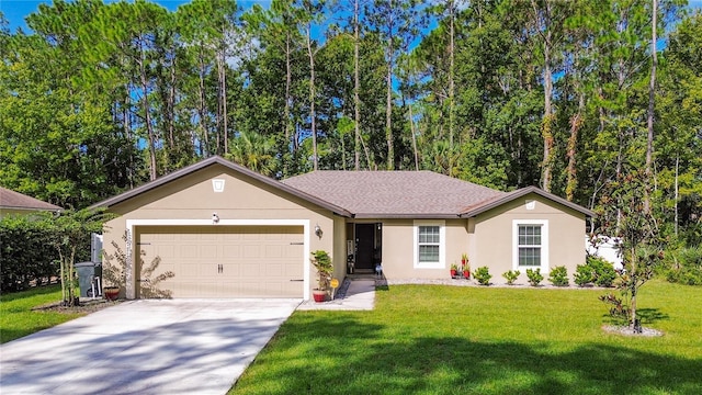 single story home with a front yard and a garage