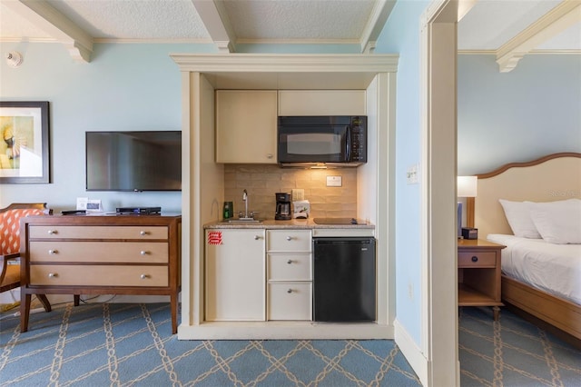 interior space with backsplash, a textured ceiling, black appliances, crown molding, and dark carpet