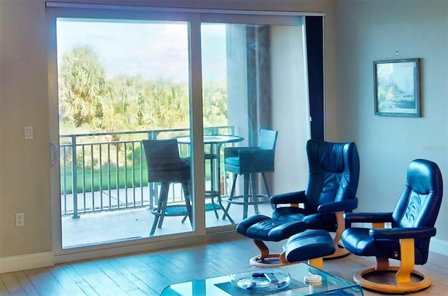 living area with hardwood / wood-style flooring and a healthy amount of sunlight