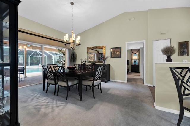 dining room featuring carpet and high vaulted ceiling