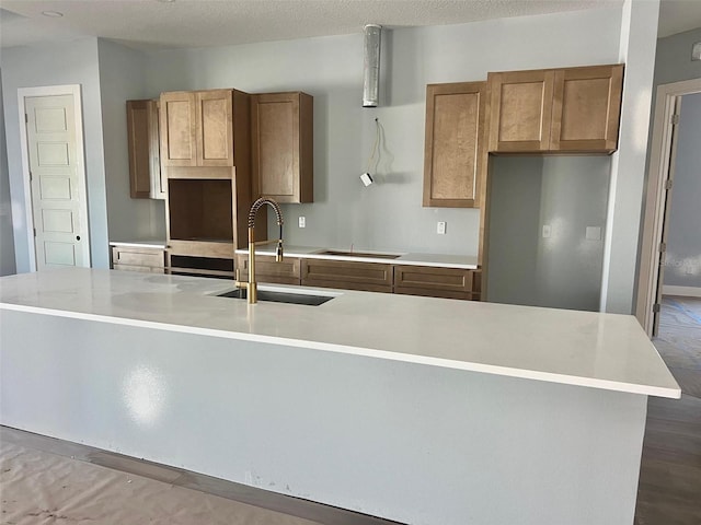 kitchen with hardwood / wood-style flooring, sink, a kitchen island with sink, and a textured ceiling