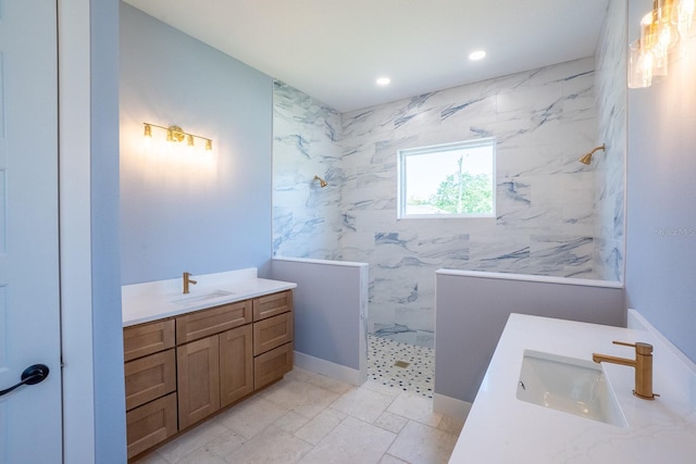 72 Flemingwood Ln, Palm Coast, FL 32137 - full bathroom featuring vanity, a marble finish shower, and recessed lighting