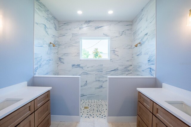 72 Flemingwood Ln, Palm Coast, FL 32137 - full bathroom featuring walk in shower, two vanities, and recessed lighting