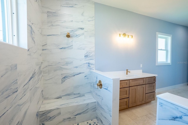 72 Flemingwood Ln, Palm Coast, FL 32137 - bathroom featuring a marble finish shower and vanity