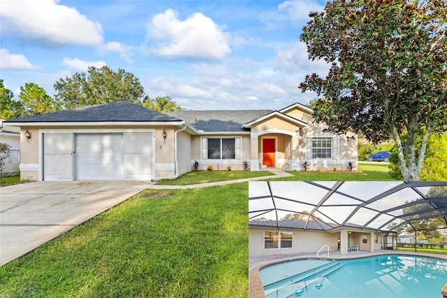 single story home with an outdoor pool, stucco siding, an attached garage, and a front lawn