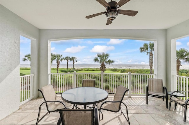 exterior space featuring ceiling fan and a water view