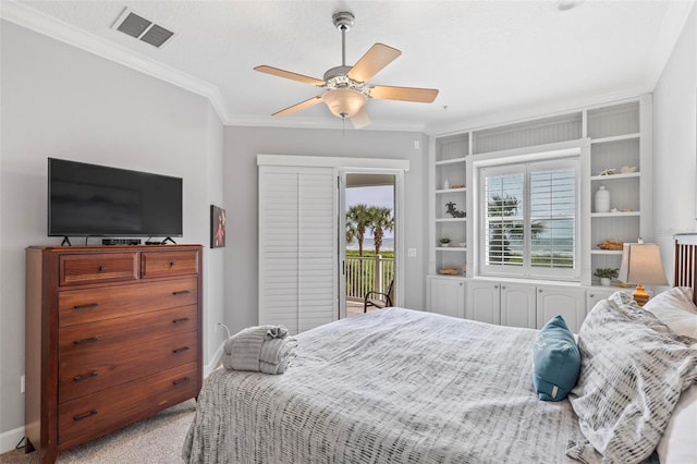 bedroom with ceiling fan, light colored carpet, crown molding, and access to exterior