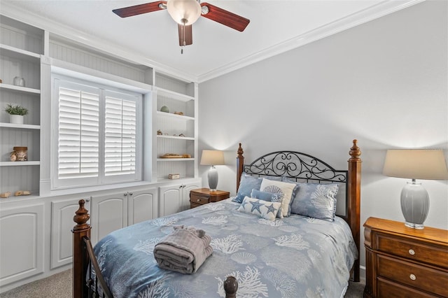 bedroom with ceiling fan, light carpet, and crown molding