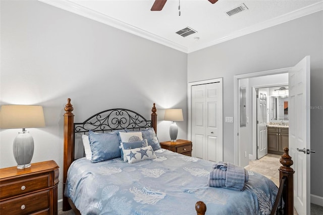 bedroom with a closet, ceiling fan, connected bathroom, and crown molding