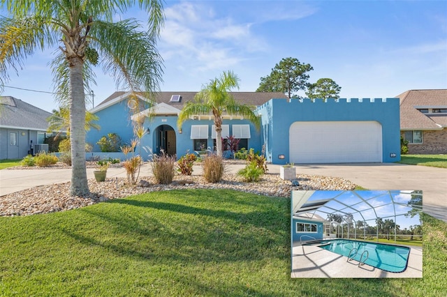 view of front facade featuring a front yard, a garage, central AC unit, and a lanai