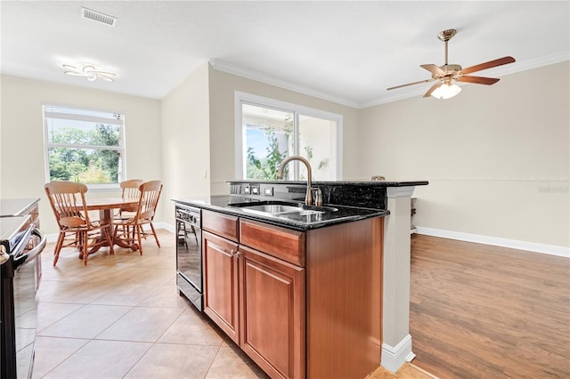 kitchen featuring a healthy amount of sunlight, sink, stainless steel electric range oven, and ceiling fan