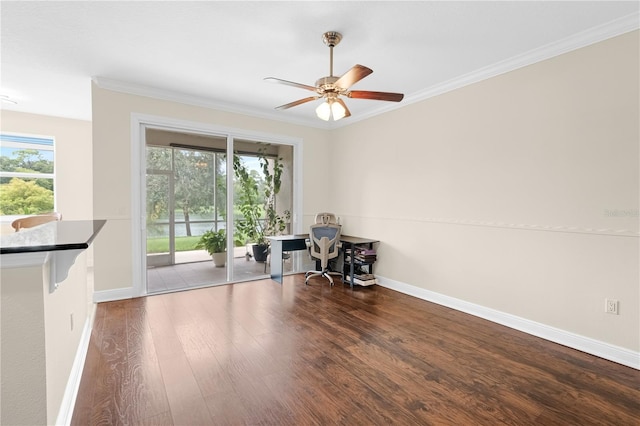 interior space with hardwood / wood-style flooring, crown molding, ceiling fan, and plenty of natural light