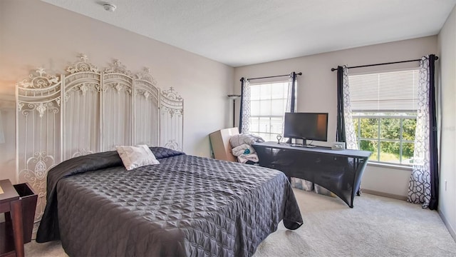 bedroom featuring multiple windows, a textured ceiling, and carpet flooring