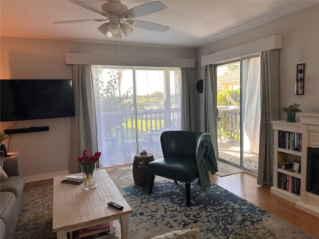 living room with ceiling fan and light wood-type flooring