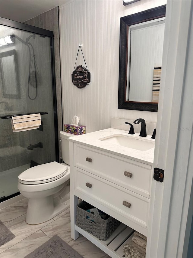 610 Ocean Marina Dr Unit 106, Flagler Beach, FL 32136 - full bath featuring vanity, marble finish floor, toilet, and a shower stall