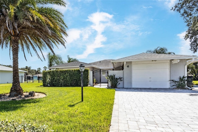 single story home featuring a garage and a front yard