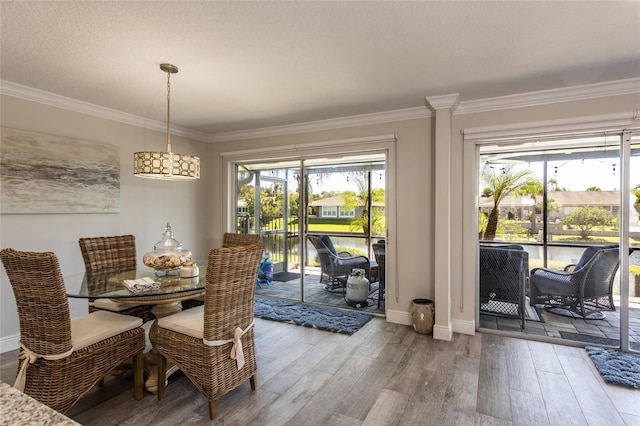 dining space featuring wood-type flooring, a textured ceiling, and crown molding