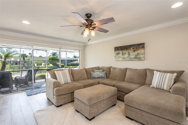 living room with crown molding, light hardwood / wood-style floors, and ceiling fan