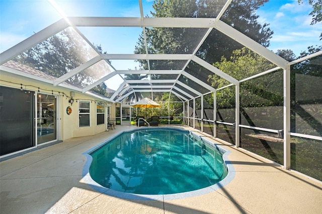 view of pool with a patio area and a lanai