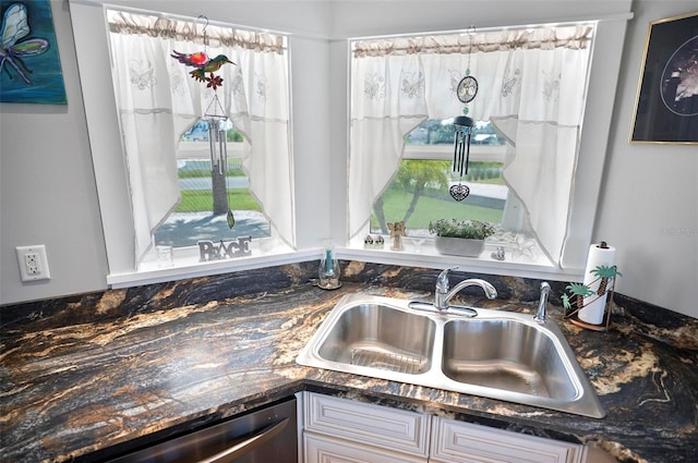 kitchen with stainless steel dishwasher, sink, and white cabinets