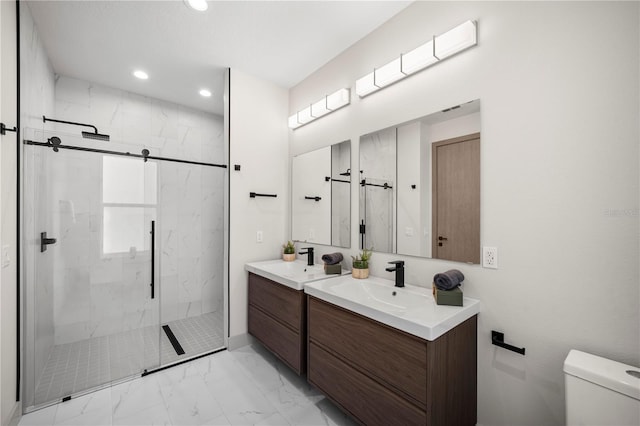 bathroom with a marble finish shower, toilet, marble finish floor, vanity, and recessed lighting