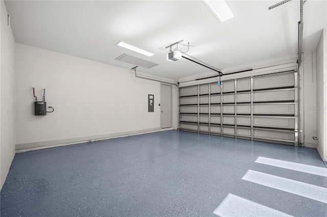 garage featuring electric panel, baseboards, and a garage door opener