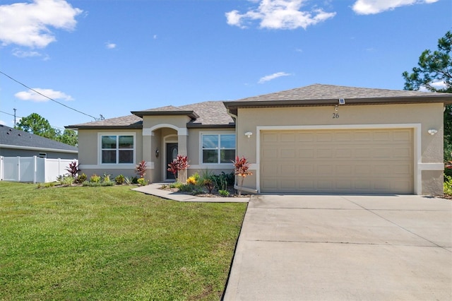 prairie-style home with a front yard and a garage