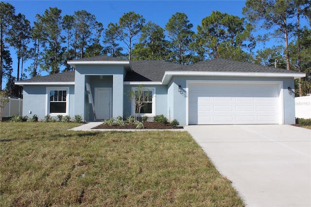 single story home with a garage and a front yard