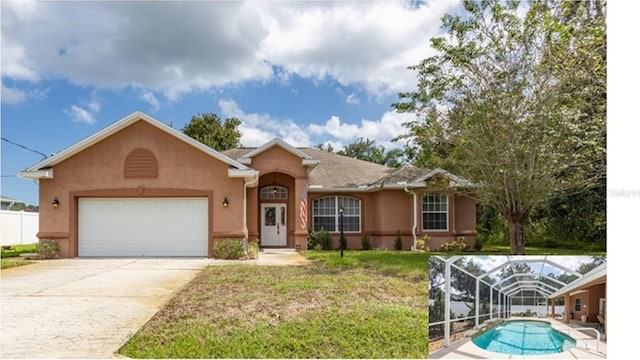 ranch-style house with a front yard and a garage