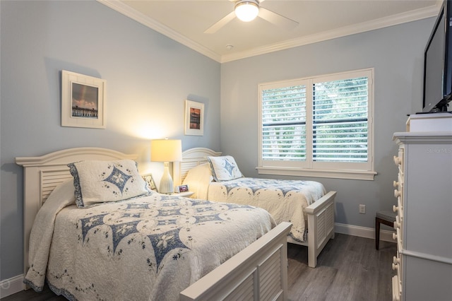 bedroom featuring ceiling fan, hardwood / wood-style flooring, and ornamental molding