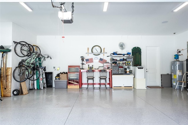 garage featuring a garage door opener and water heater