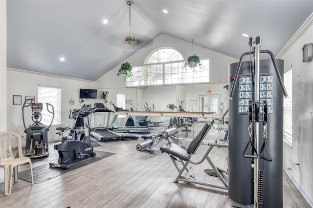 110 Ocean Hollow Ln Unit 101, Saint Augustine, FL 32084 - workout area featuring wood finished floors, healthy amount of natural light, a ceiling fan, high vaulted ceiling, and recessed lighting