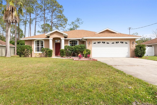 ranch-style house with a front lawn and a garage