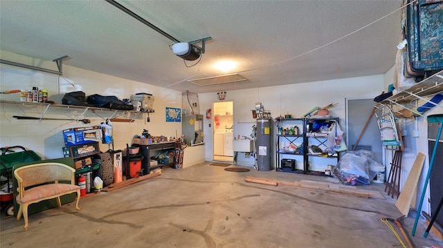 garage with a garage door opener and electric water heater