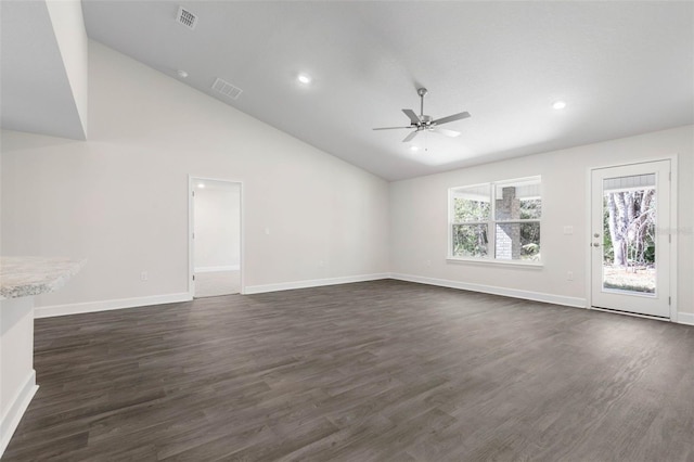 unfurnished living room with high vaulted ceiling, dark wood-type flooring, and ceiling fan