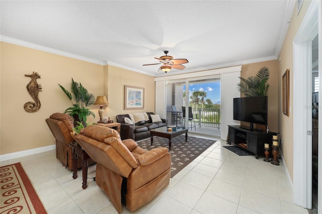 living room with crown molding, light tile patterned flooring, and ceiling fan