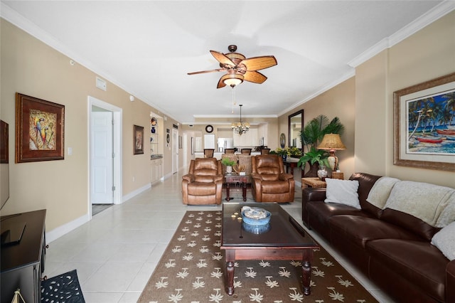 living room with ornamental molding, ceiling fan with notable chandelier, and light tile patterned floors