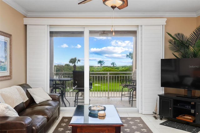 living room featuring light tile patterned flooring and crown molding