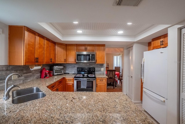 kitchen with backsplash, a tray ceiling, appliances with stainless steel finishes, and sink